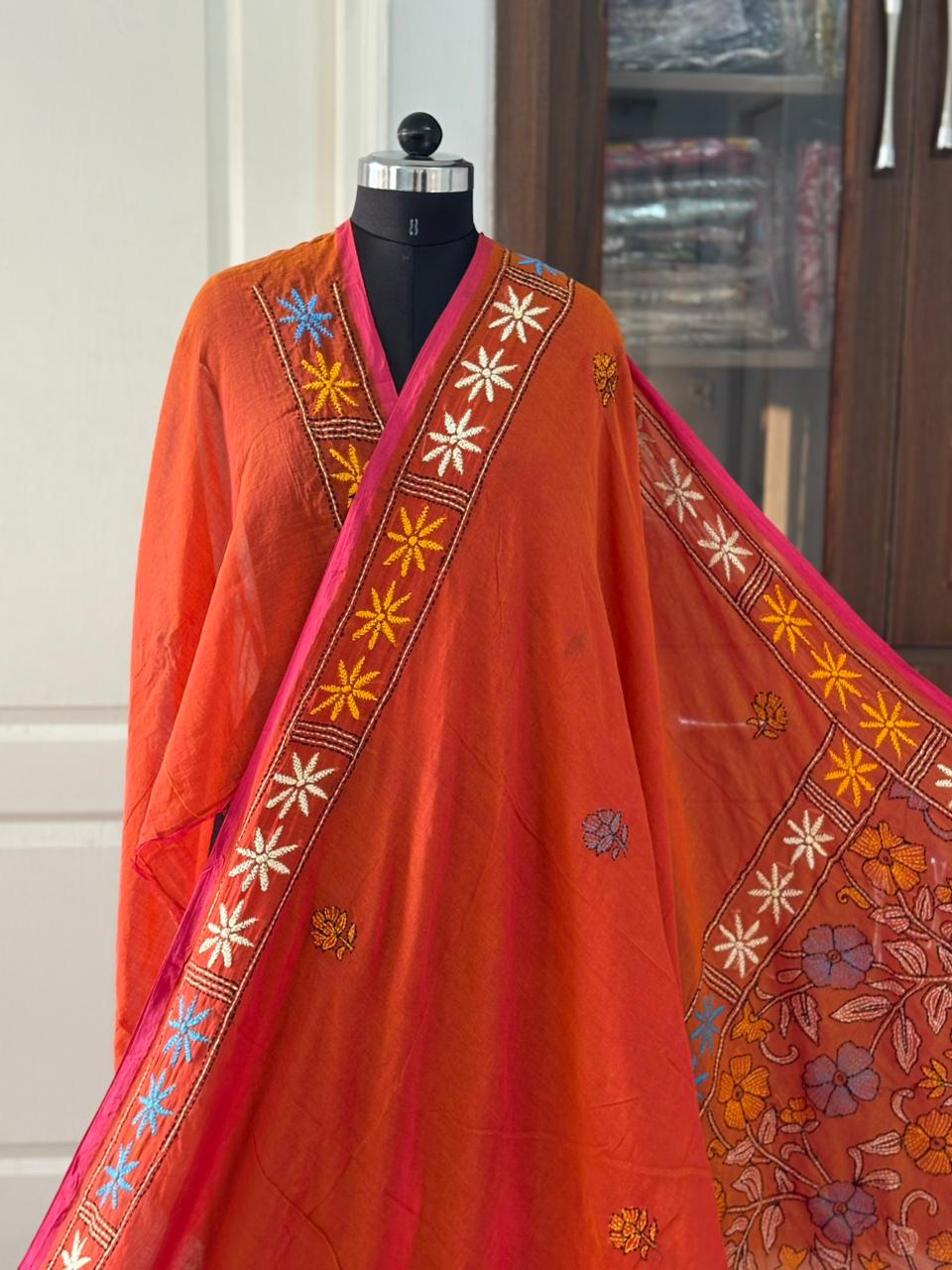 Kantha stitch Hand Embroidered Pure mul Cotton Saree