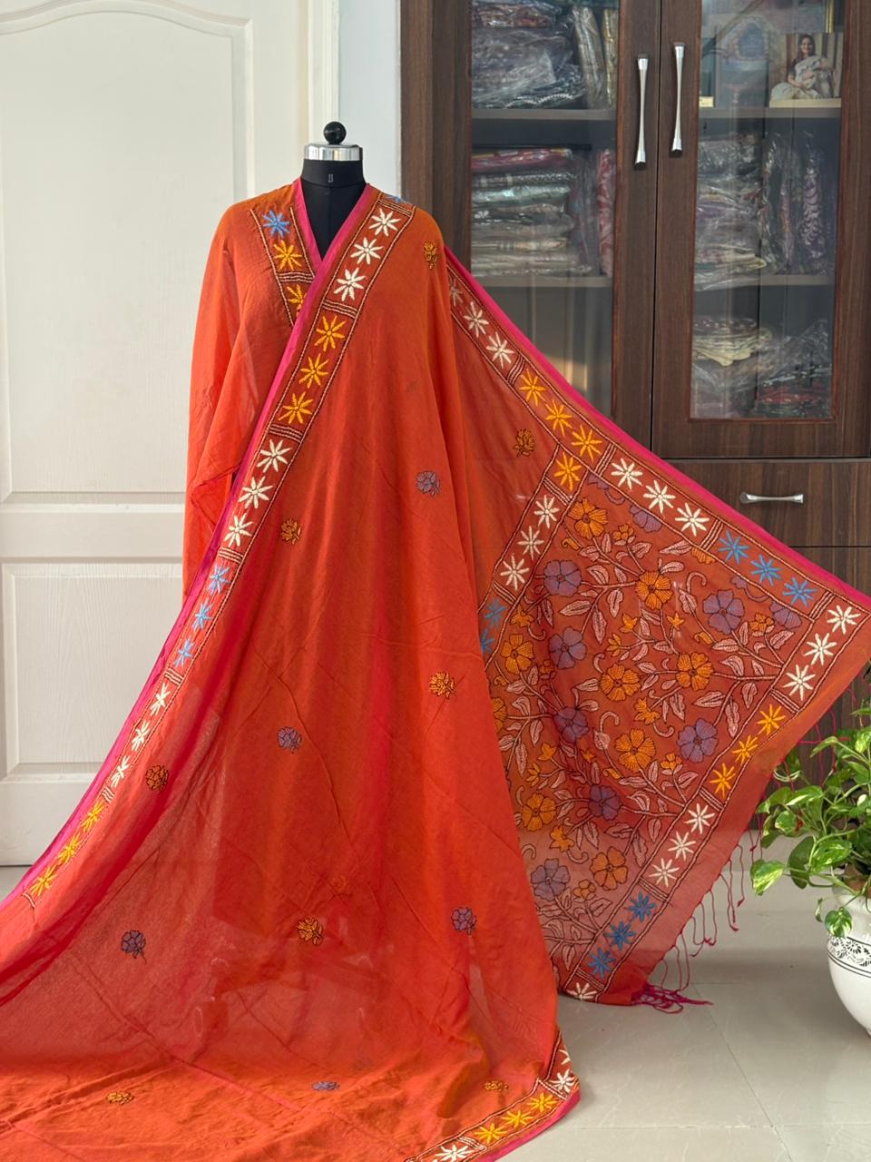 Kantha stitch Hand Embroidered Pure mul Cotton Saree