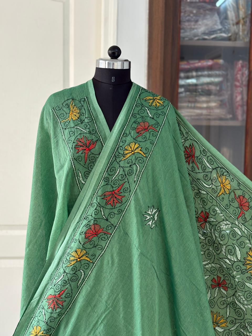 Kantha stitch Hand Embroidered Pure mul Cotton Saree