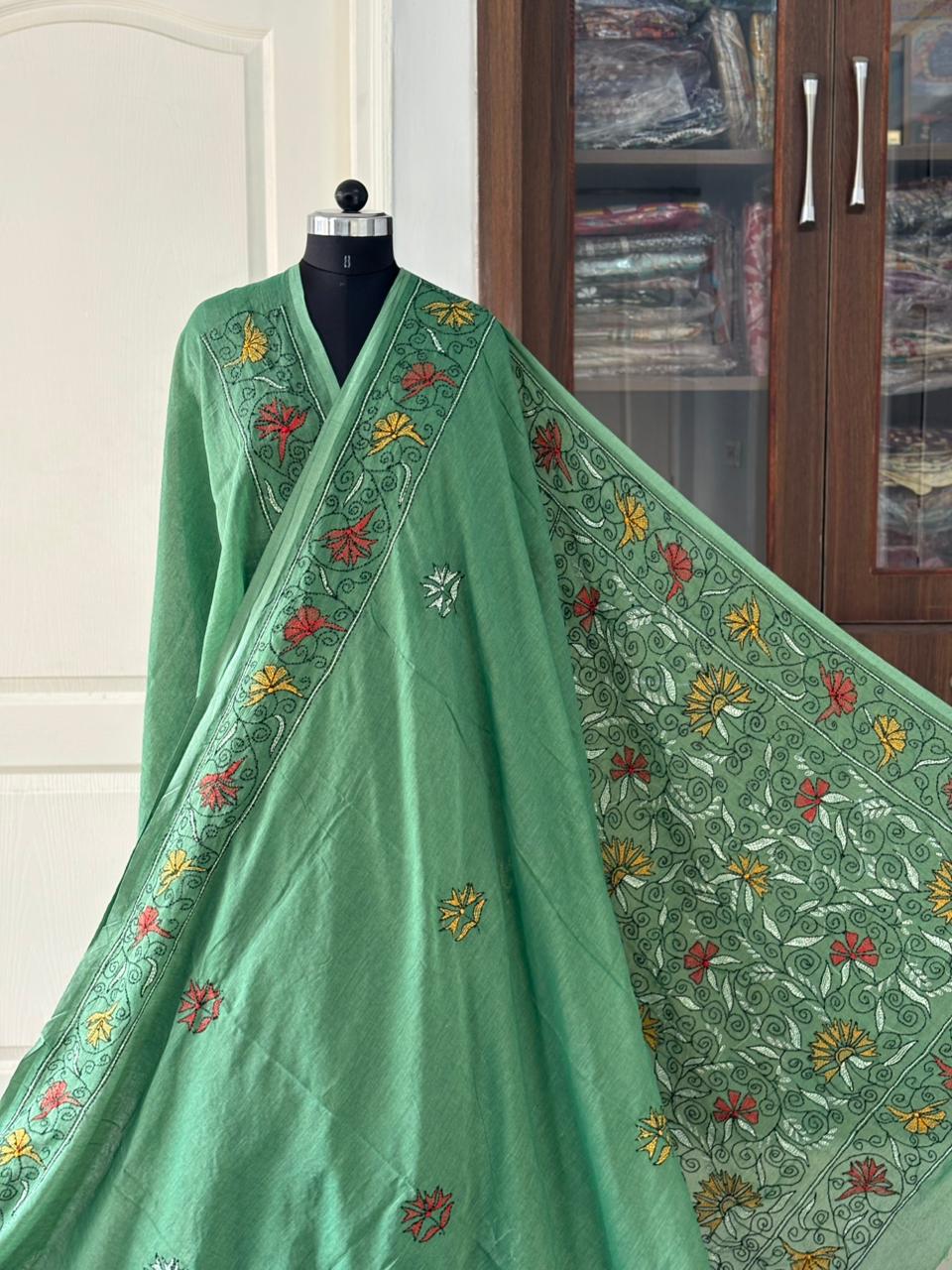 Kantha stitch Hand Embroidered Pure mul Cotton Saree