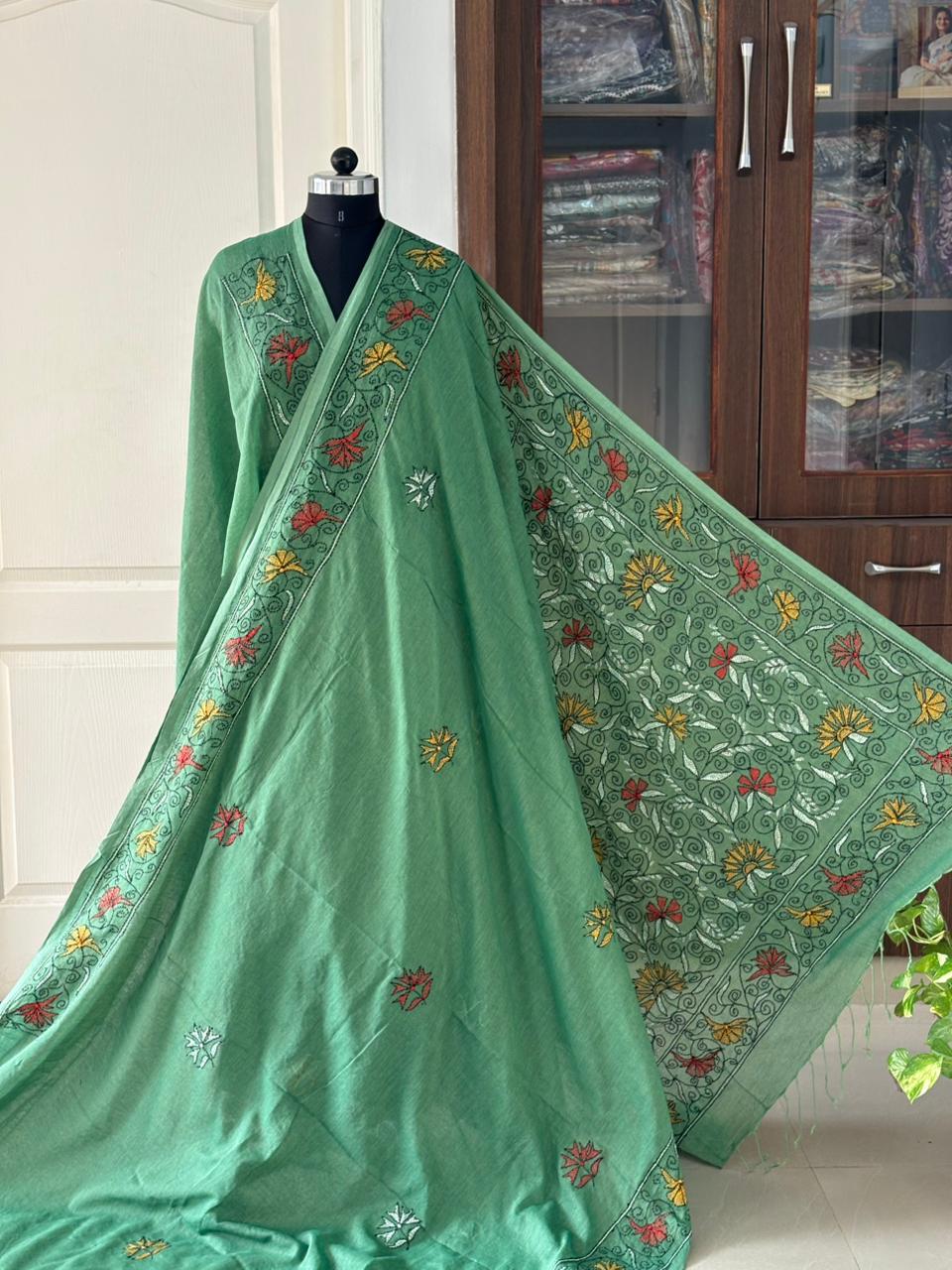 Kantha stitch Hand Embroidered Pure mul Cotton Saree