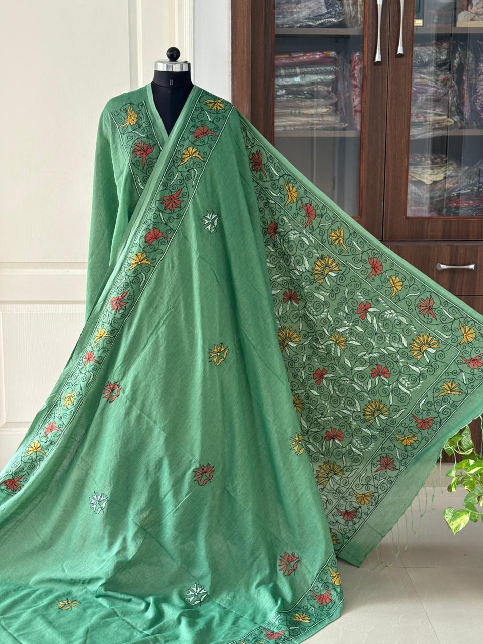 Kantha stitch Hand Embroidered Pure mul Cotton Saree
