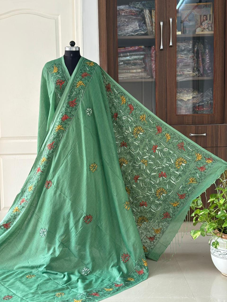 Kantha stitch Hand Embroidered Pure mul Cotton Saree