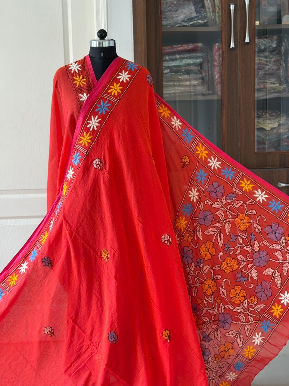 Kantha stitch Hand Embroidered Pure mul Cotton Saree