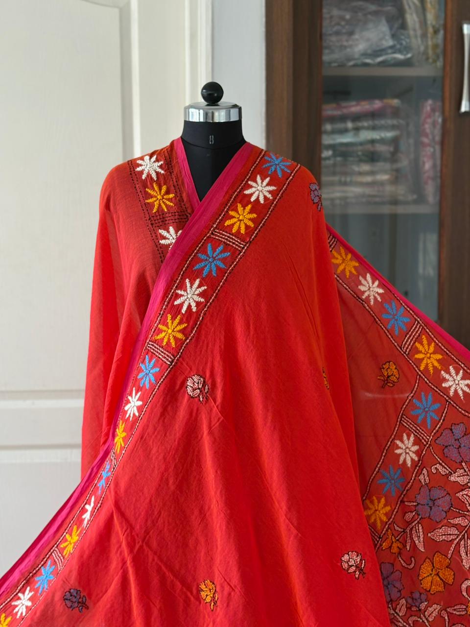 Kantha stitch Hand Embroidered Pure mul Cotton Saree