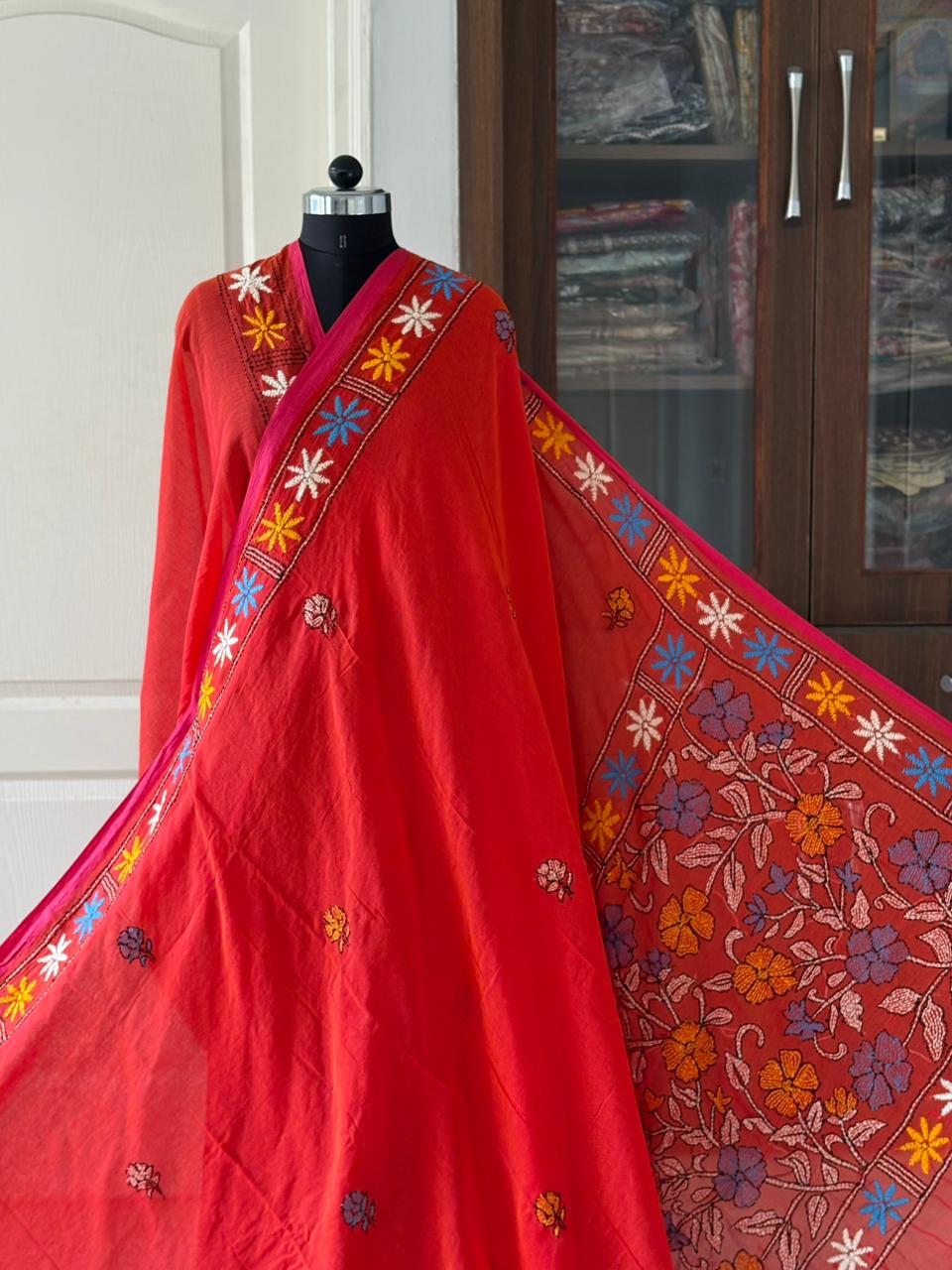 Kantha stitch Hand Embroidered Pure mul Cotton Saree
