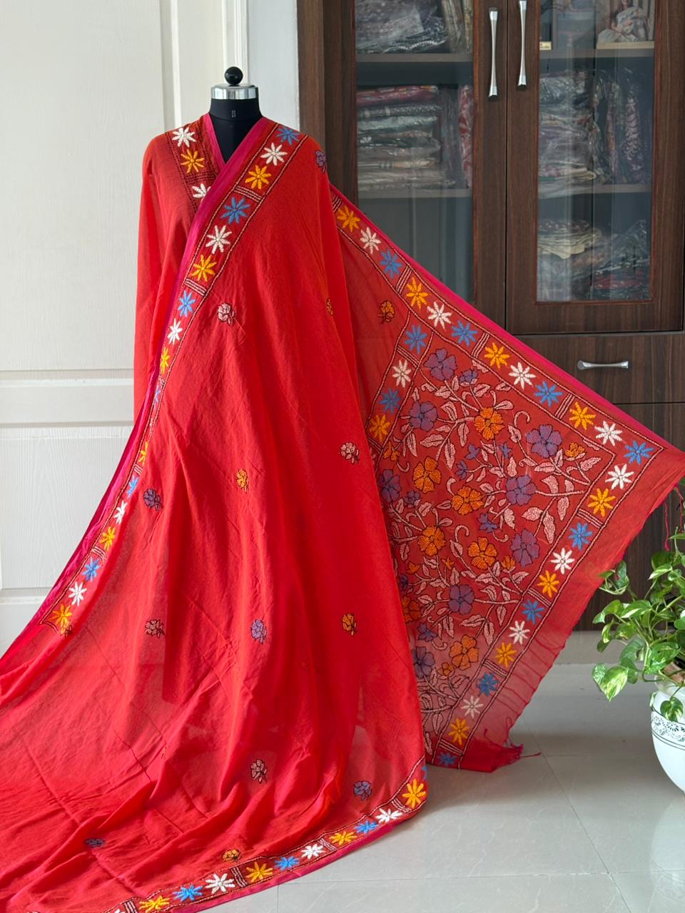 Kantha stitch Hand Embroidered Pure mul Cotton Saree