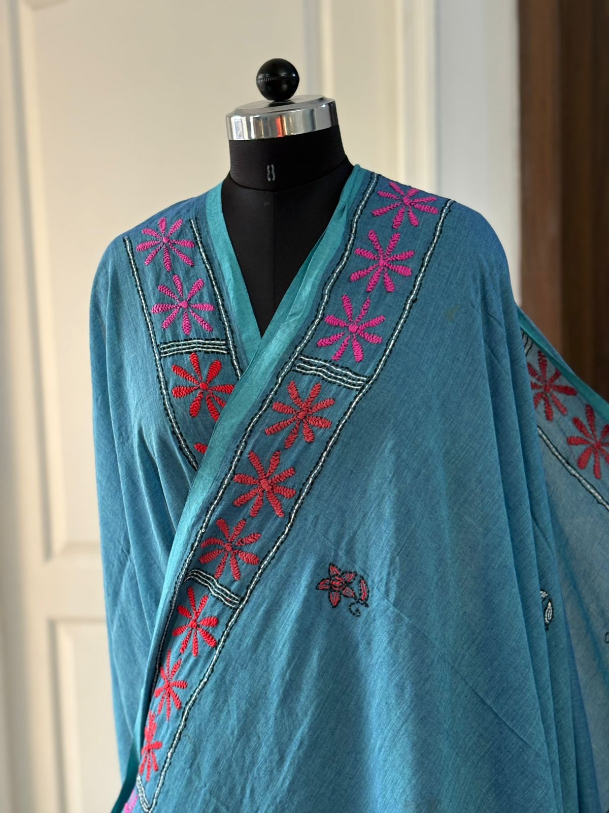 Kantha stitch Hand Embroidered Pure mul Cotton Saree