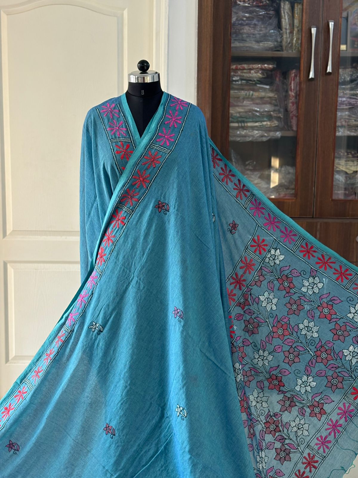 Kantha stitch Hand Embroidered Pure mul Cotton Saree