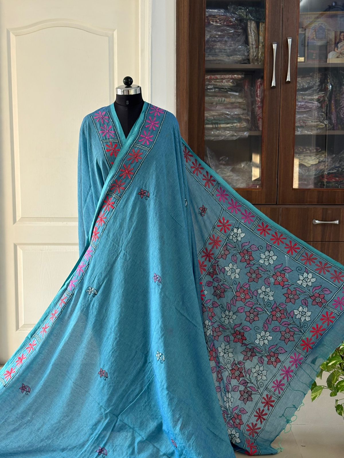 Kantha stitch Hand Embroidered Pure mul Cotton Saree