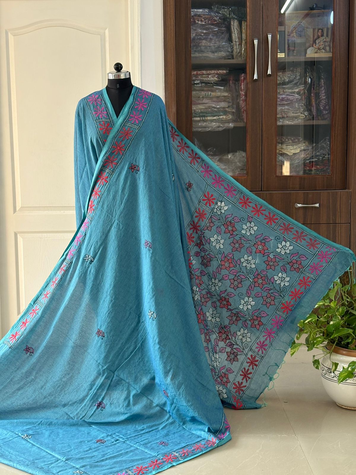 Kantha stitch Hand Embroidered Pure mul Cotton Saree