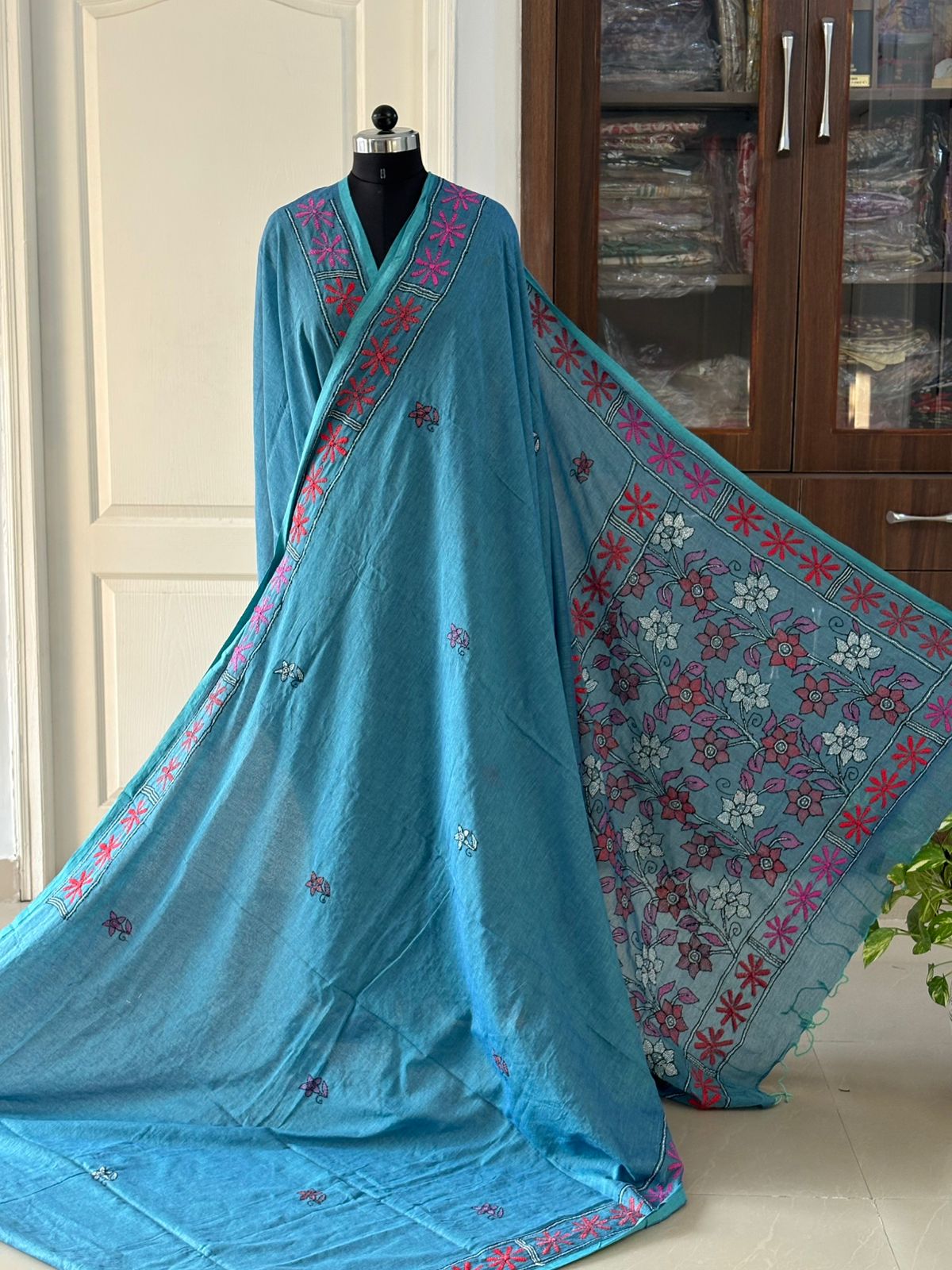 Kantha stitch Hand Embroidered Pure mul Cotton Saree