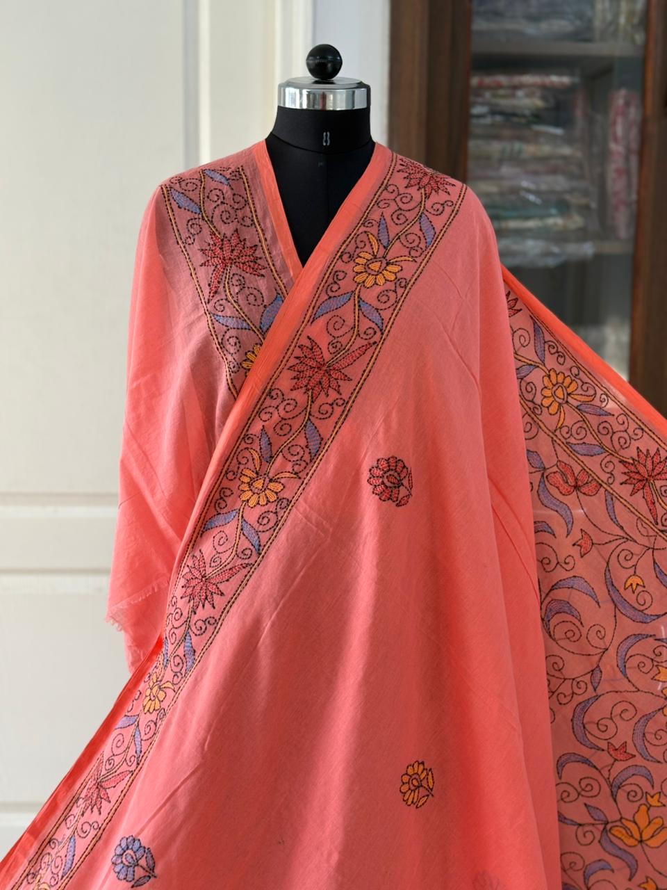 Kantha stitch Hand Embroidered Pure mul Cotton Saree