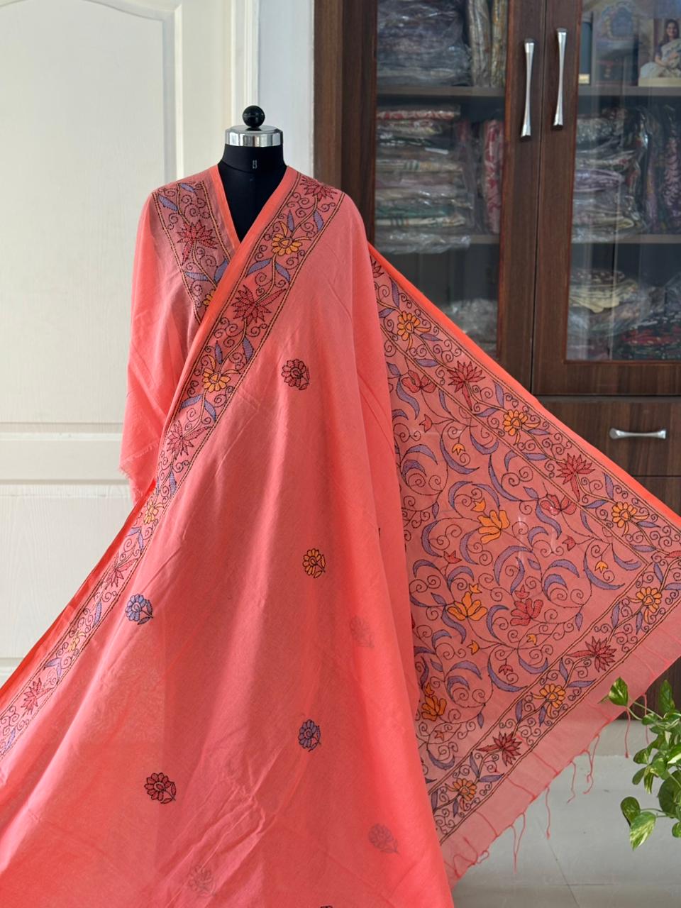 Kantha stitch Hand Embroidered Pure mul Cotton Saree
