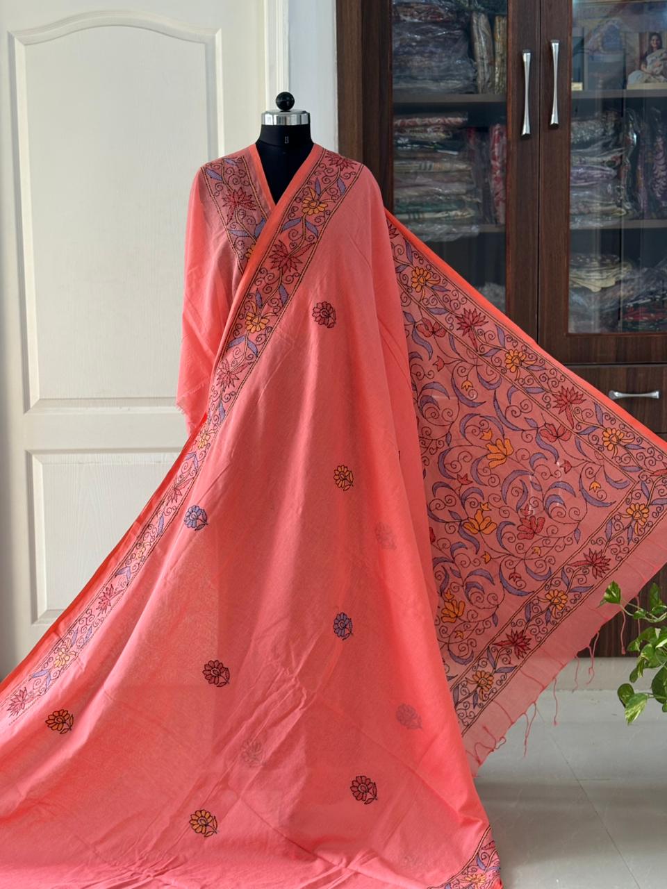 Kantha stitch Hand Embroidered Pure mul Cotton Saree