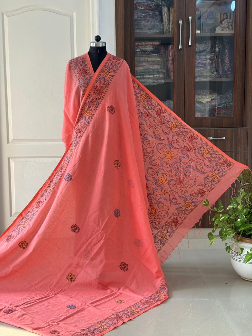 Kantha stitch Hand Embroidered Pure mul Cotton Saree