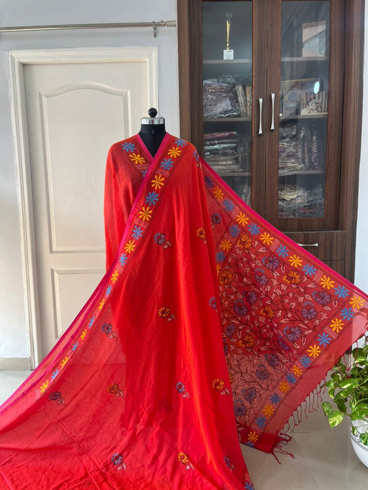 Kantha stitch Hand Embroidered Pure mul Cotton Saree