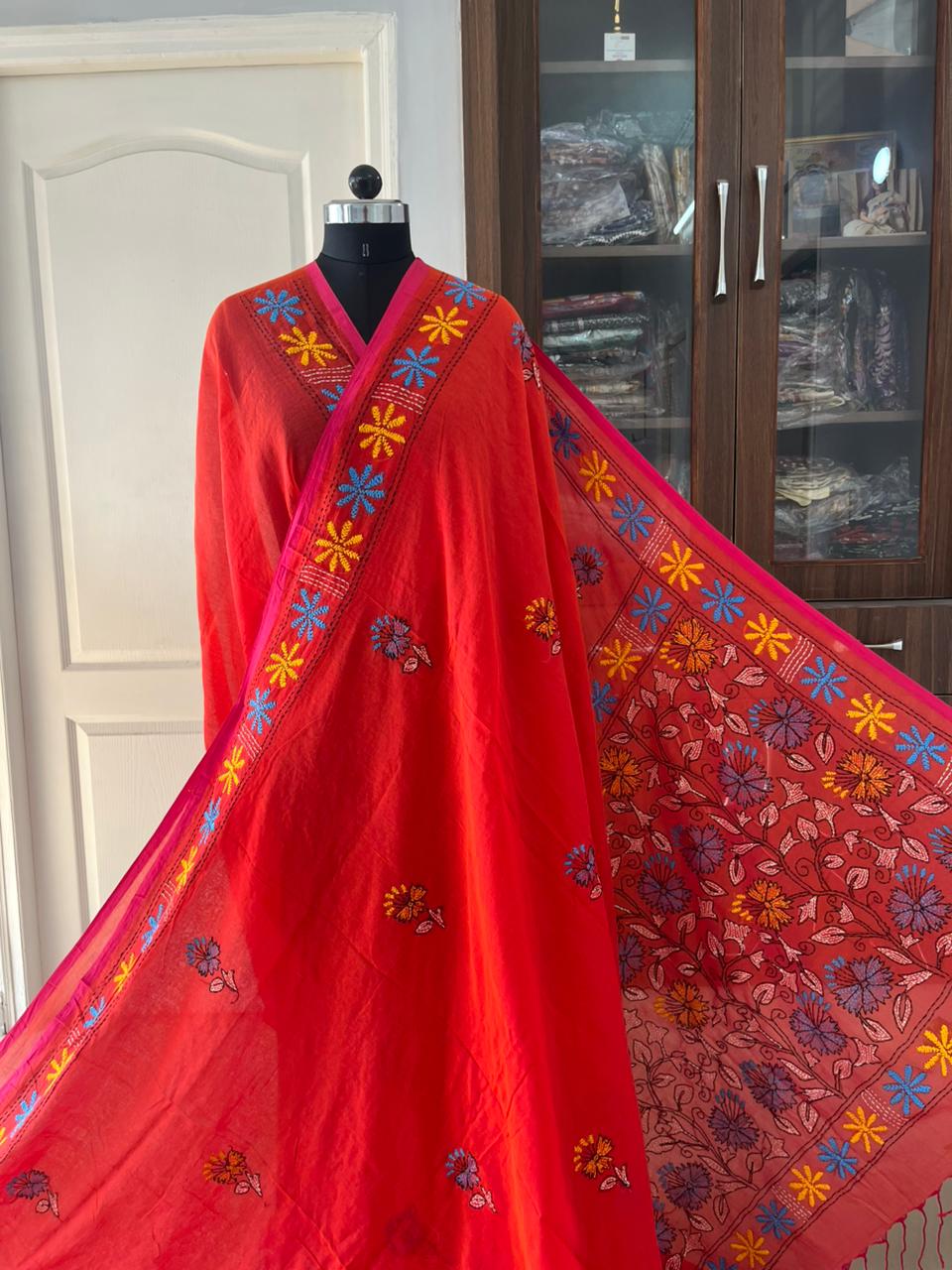 Kantha stitch Hand Embroidered Pure mul Cotton Saree
