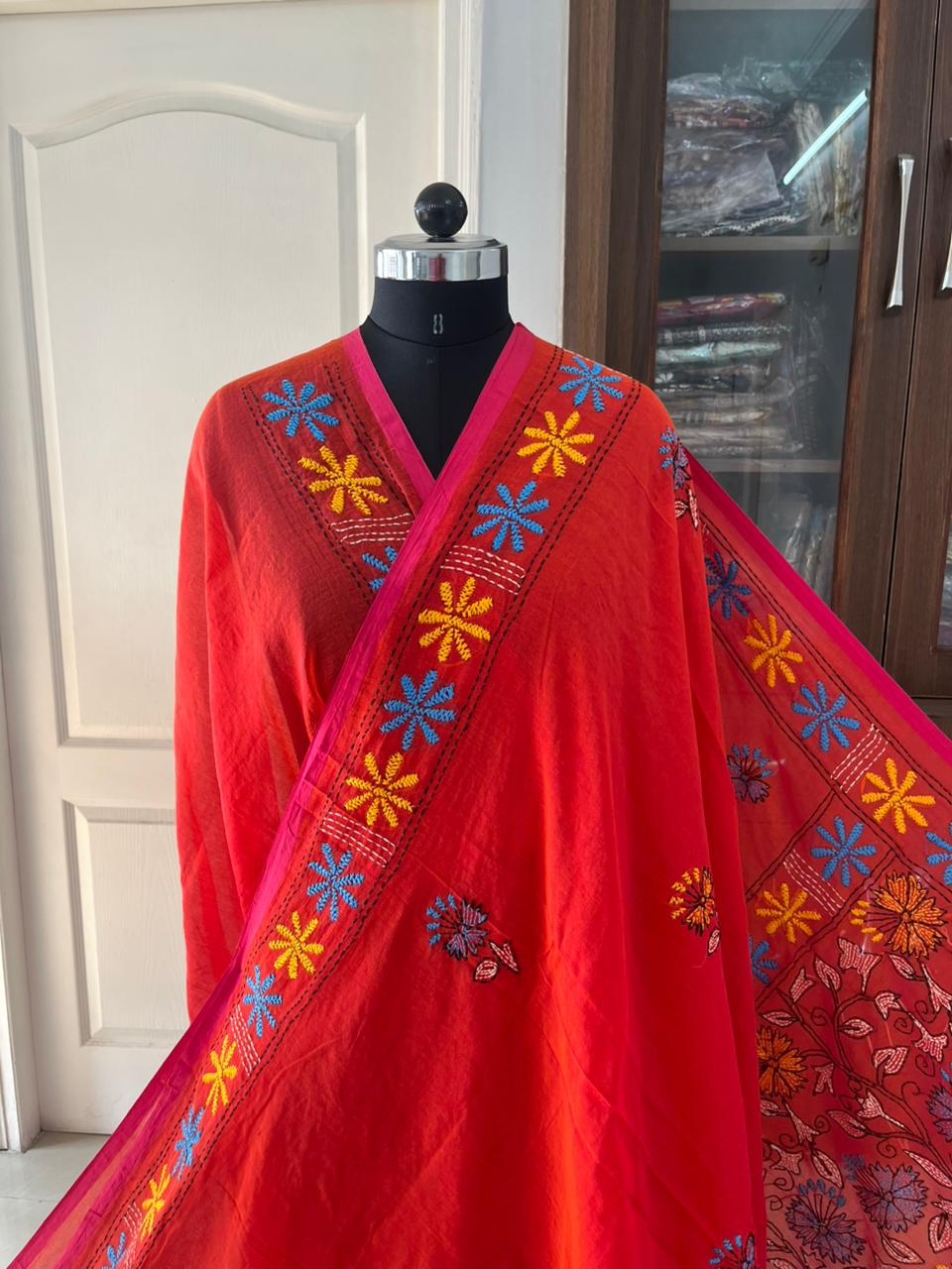 Kantha stitch Hand Embroidered Pure mul Cotton Saree