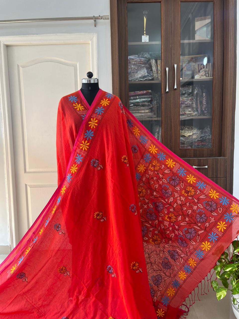 Kantha stitch Hand Embroidered Pure mul Cotton Saree