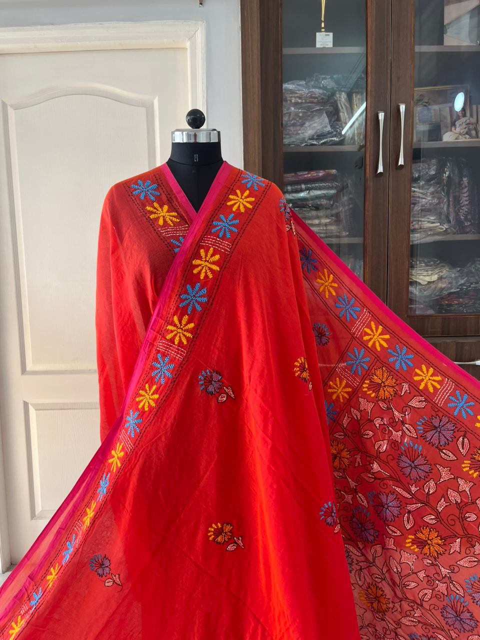 Kantha stitch Hand Embroidered Pure mul Cotton Saree