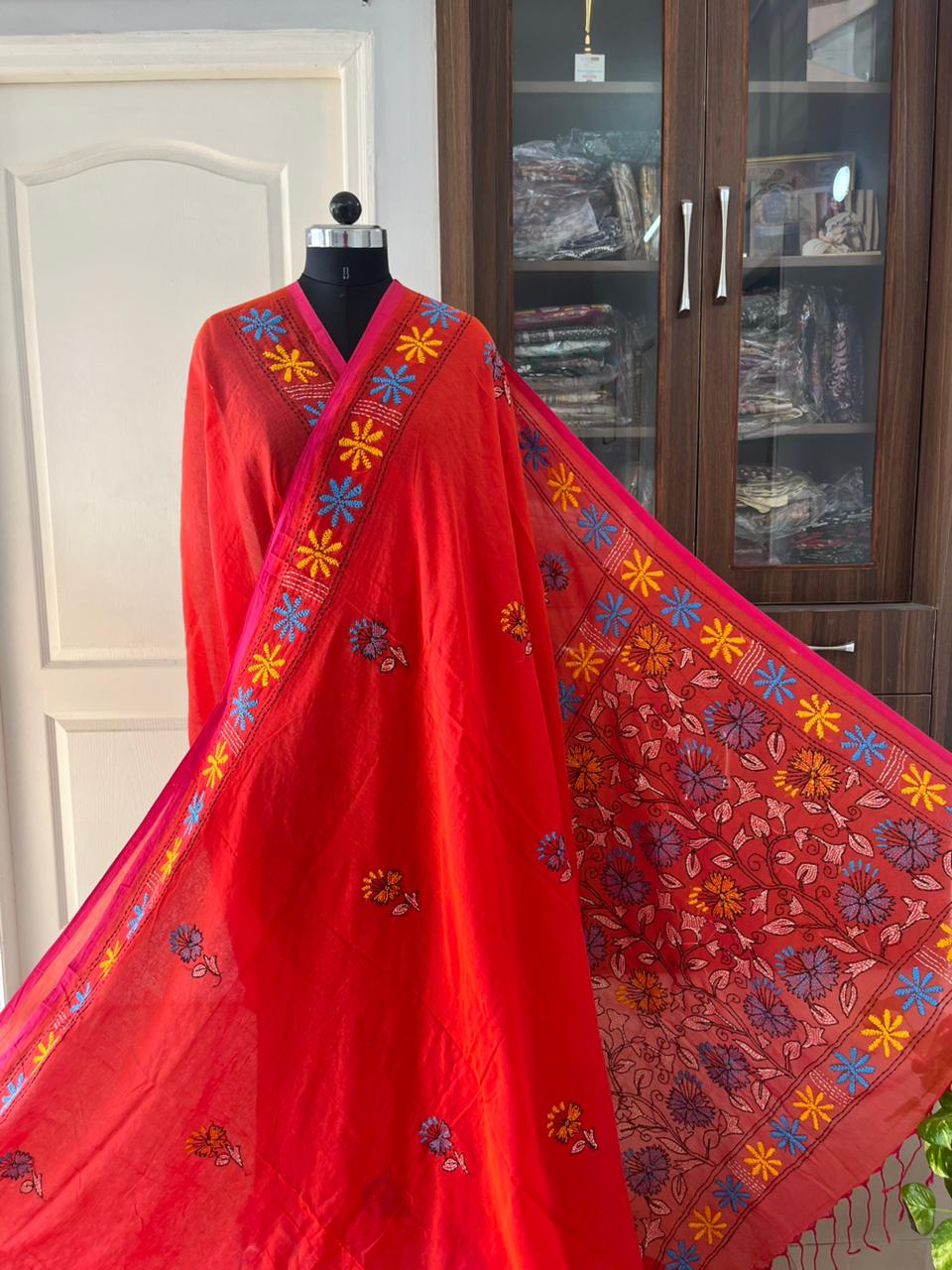 Kantha stitch Hand Embroidered Pure mul Cotton Saree