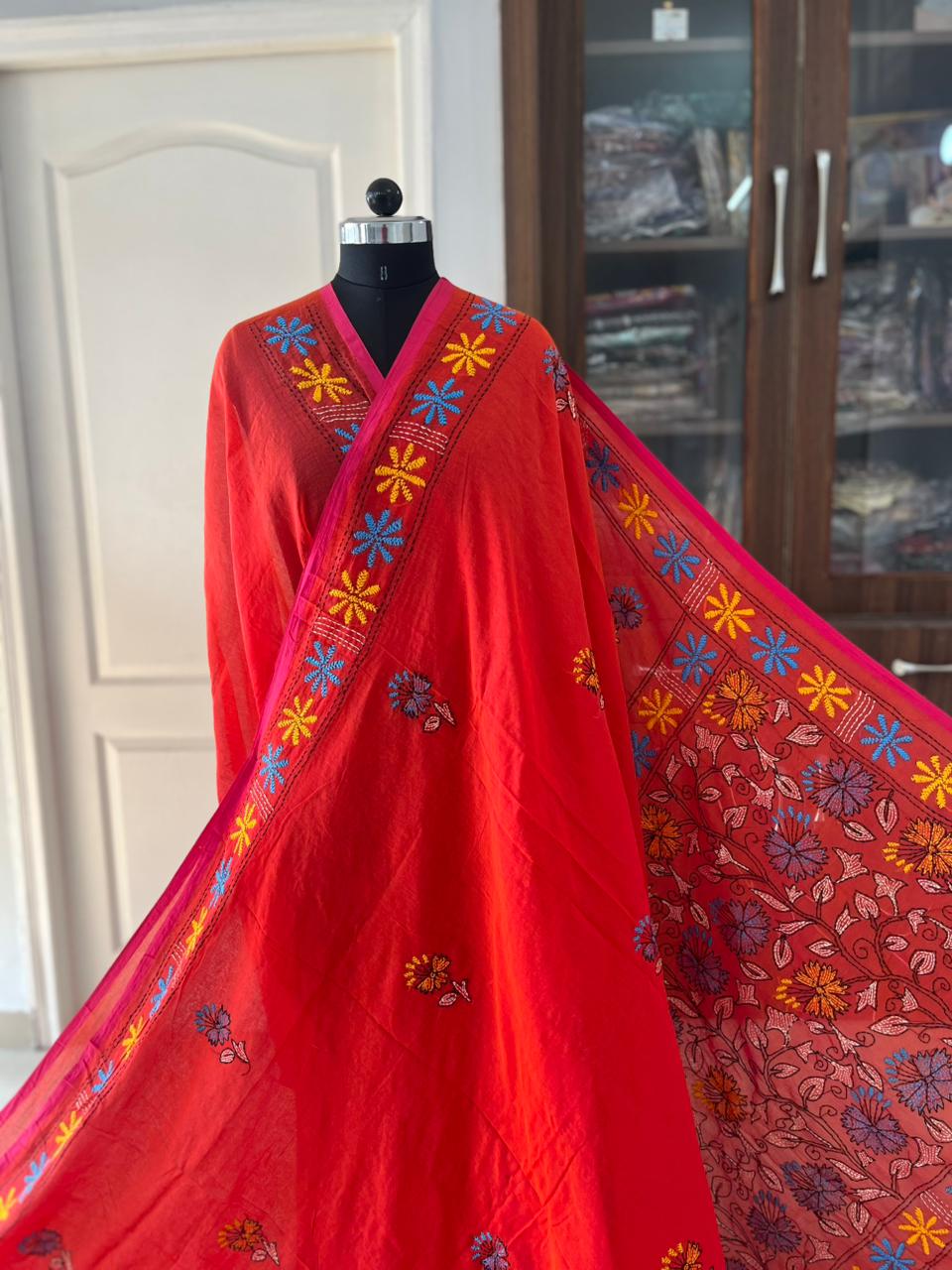 Kantha stitch Hand Embroidered Pure mul Cotton Saree