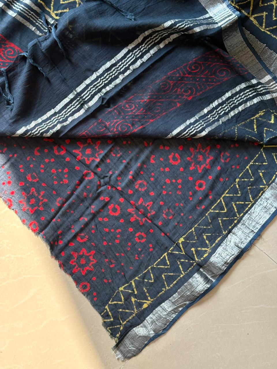Block printed Cotton Linen Saree With unstitched Blouse