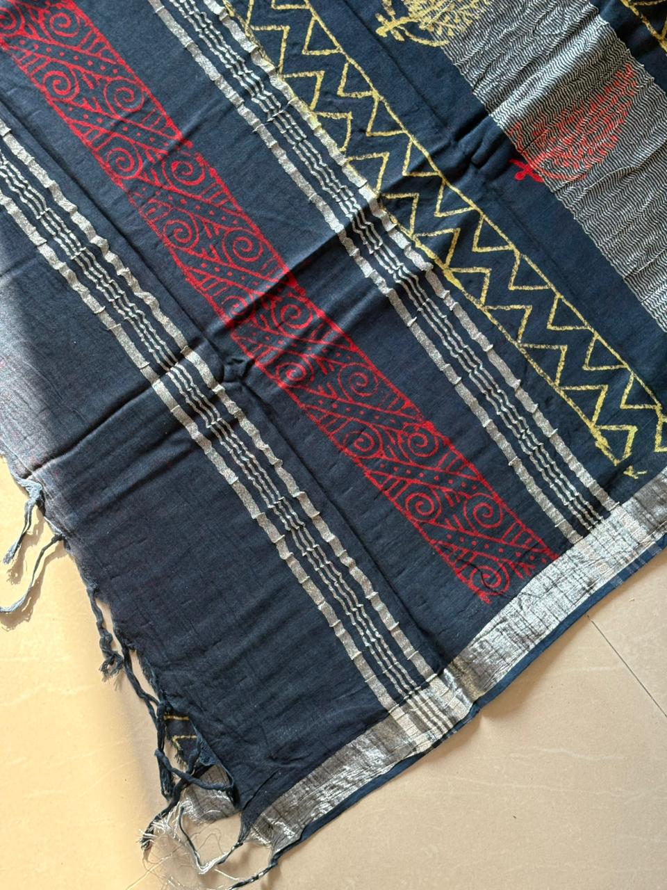 Block printed Cotton Linen Saree With unstitched Blouse