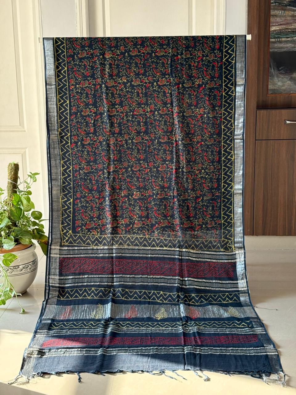 Block printed Cotton Linen Saree With unstitched Blouse