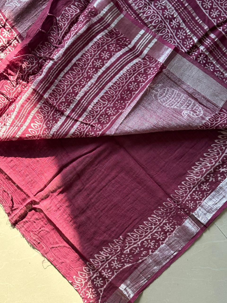 Block printed Cotton Linen Saree With unstitched Blouse