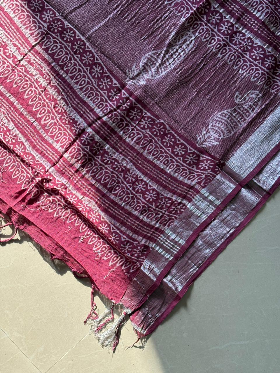 Block printed Cotton Linen Saree With unstitched Blouse