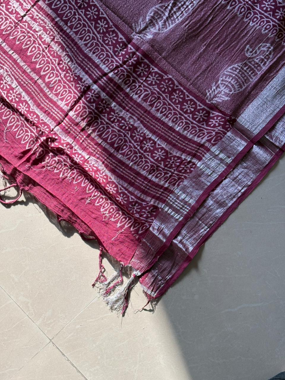 Block printed Cotton Linen Saree With unstitched Blouse