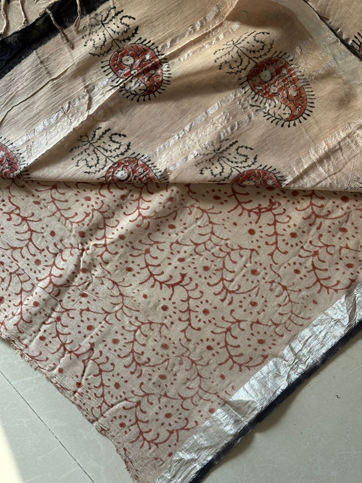 Block printed Cotton Linen Saree With unstitched Blouse