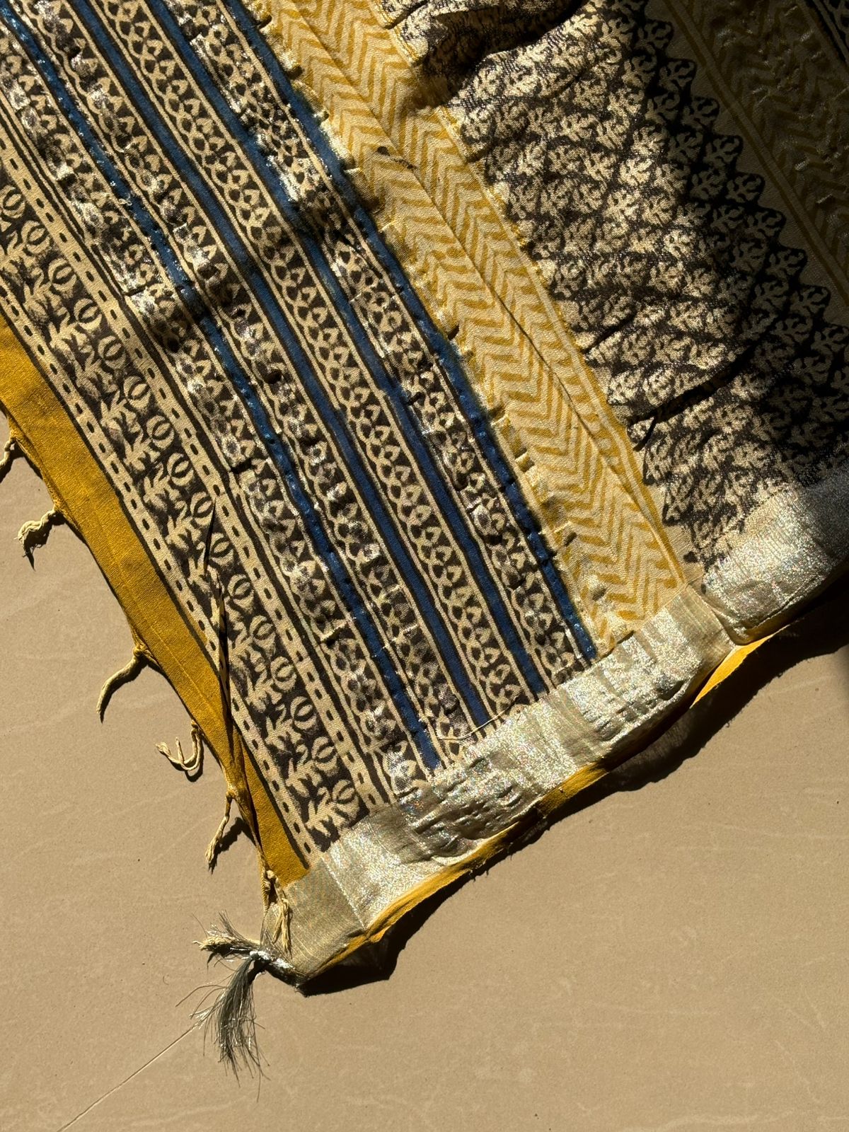 Block printed Cotton Linen Saree With unstitched Blouse