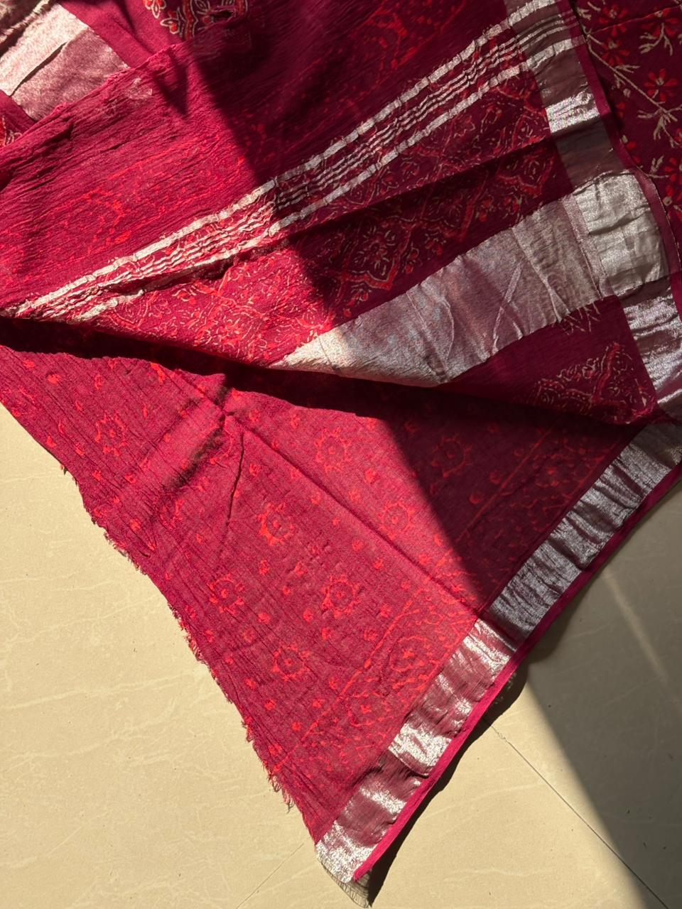Block printed Cotton Linen Saree With unstitched Blouse