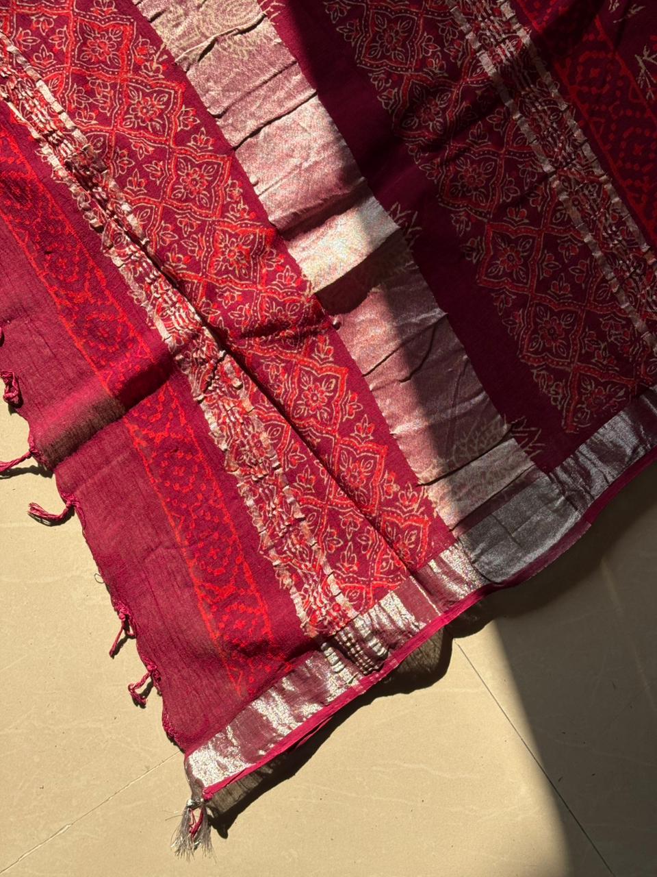 Block printed Cotton Linen Saree With unstitched Blouse