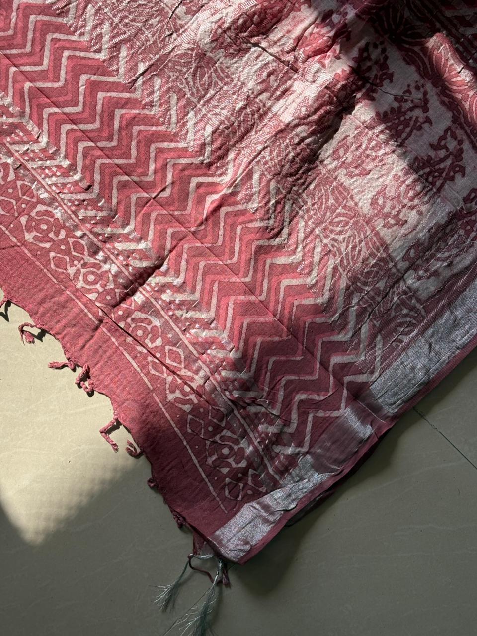 Block printed Cotton Linen Saree With unstitched Blouse