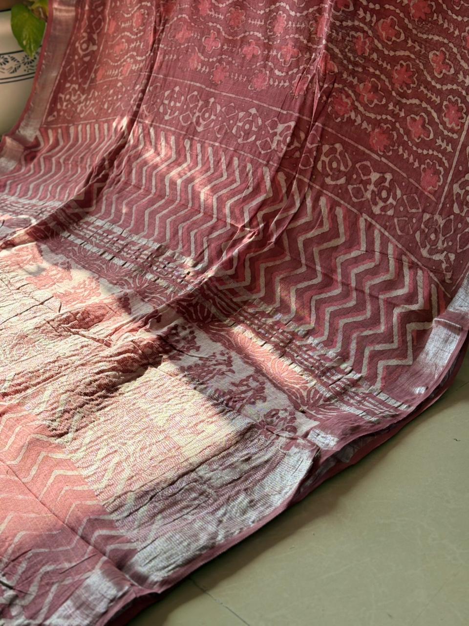 Block printed Cotton Linen Saree With unstitched Blouse