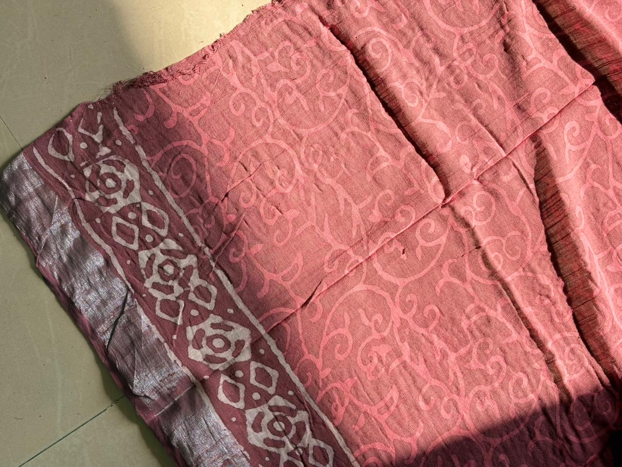 Block printed Cotton Linen Saree With unstitched Blouse