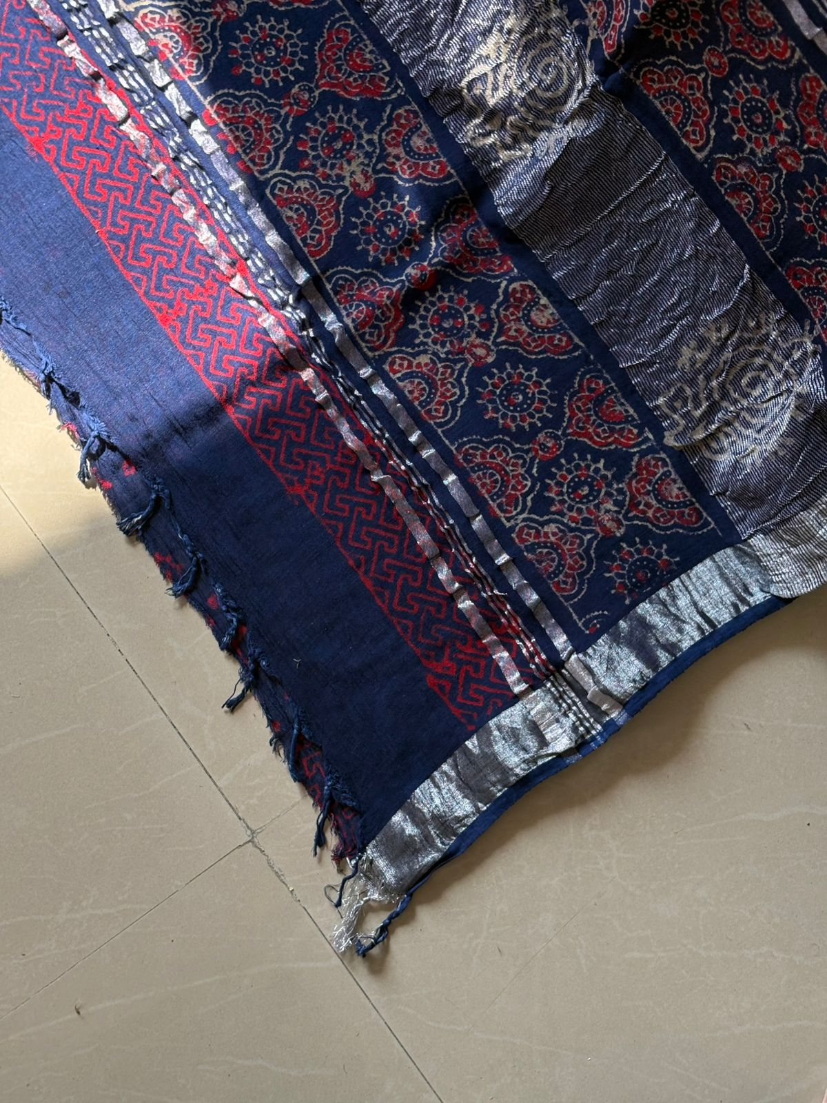 Block printed Cotton Linen Saree With unstitched Blouse