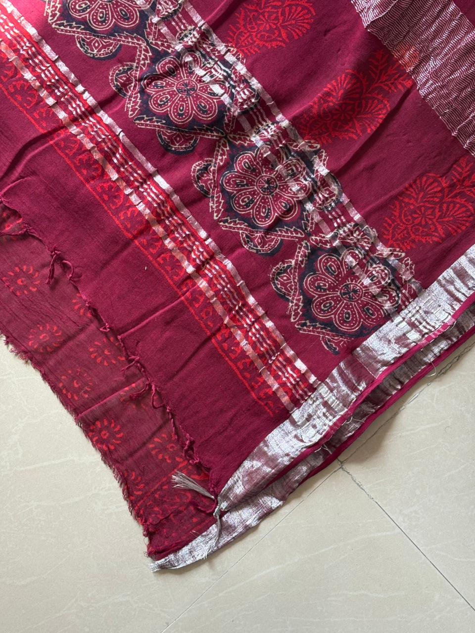 Block printed Cotton Linen Saree With unstitched Blouse
