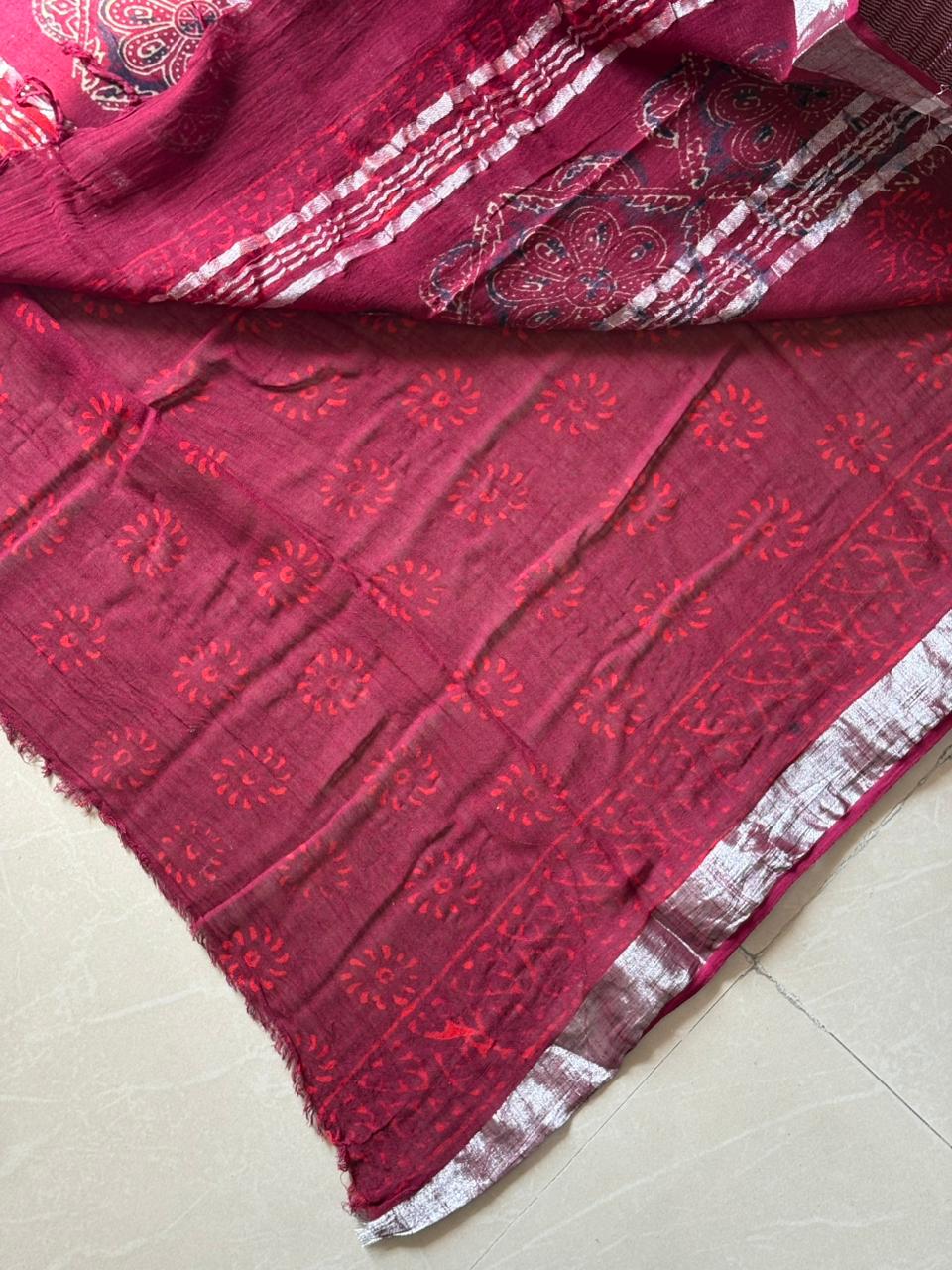 Block printed Cotton Linen Saree With unstitched Blouse