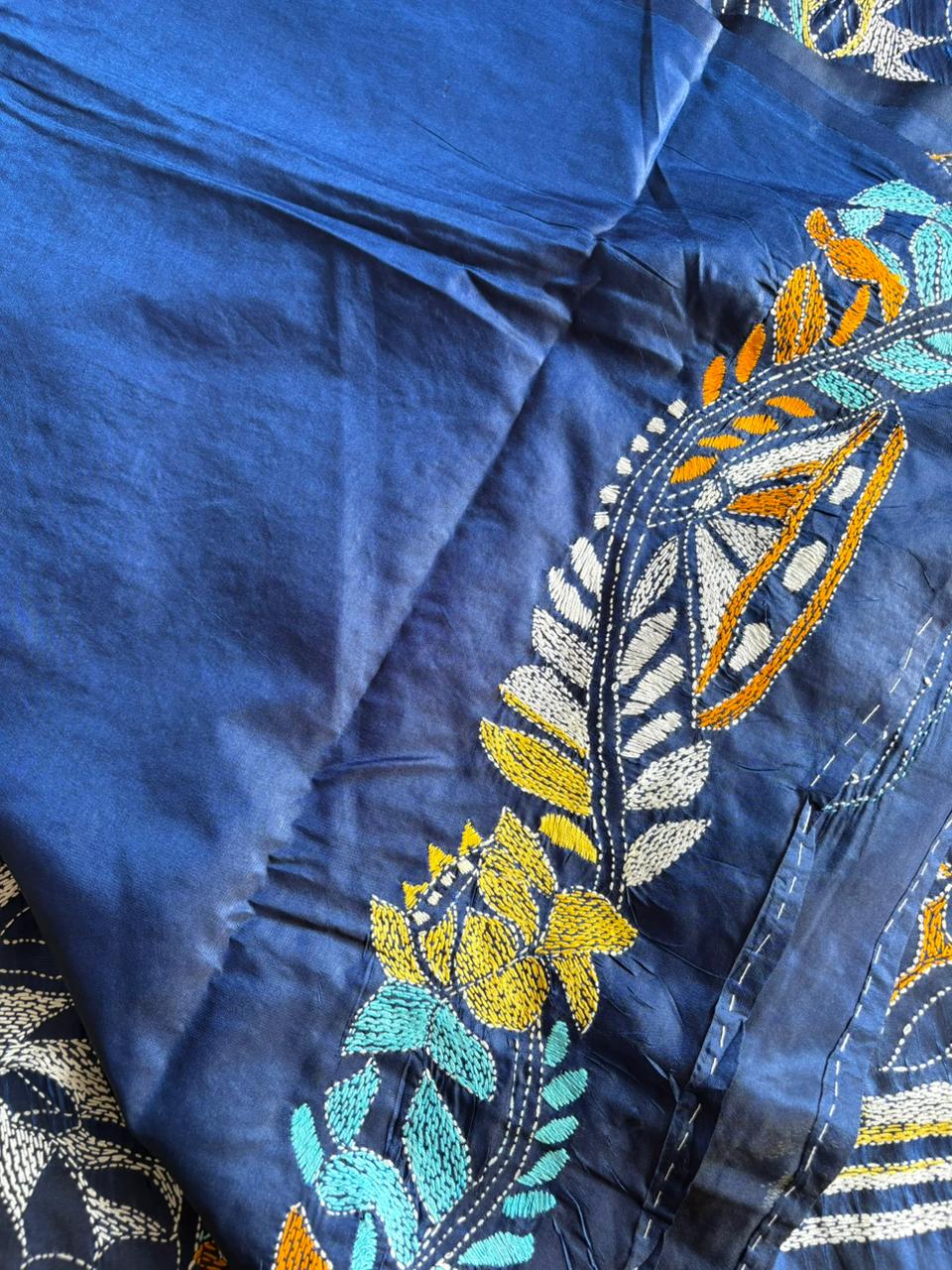 Kantha Hand Embroidered Blended Banglore Silk/Art Silk Saree With Blouse