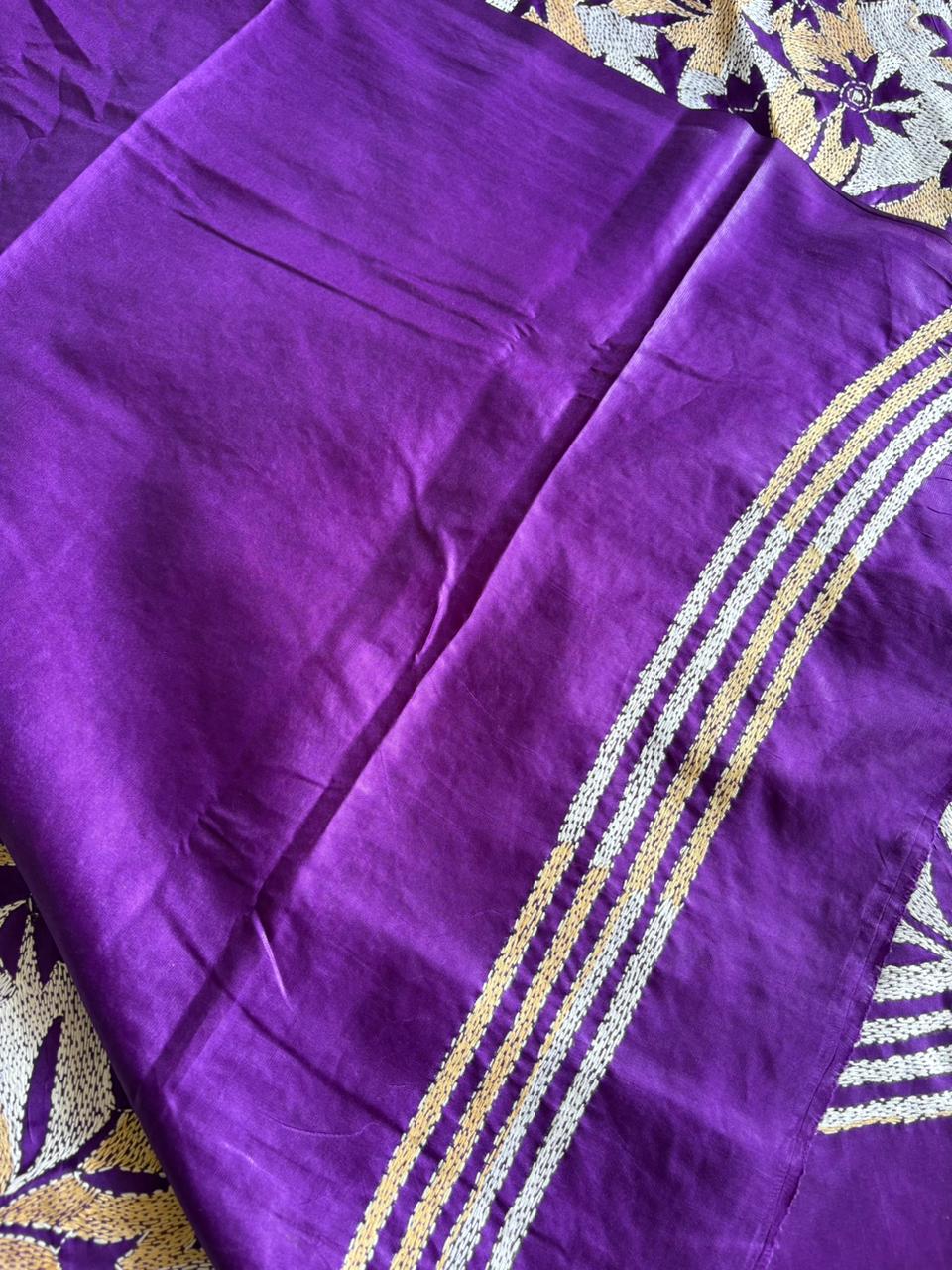 Reverse Kantha Stitch Hand Embroidered Art Silk Saree With Blouse