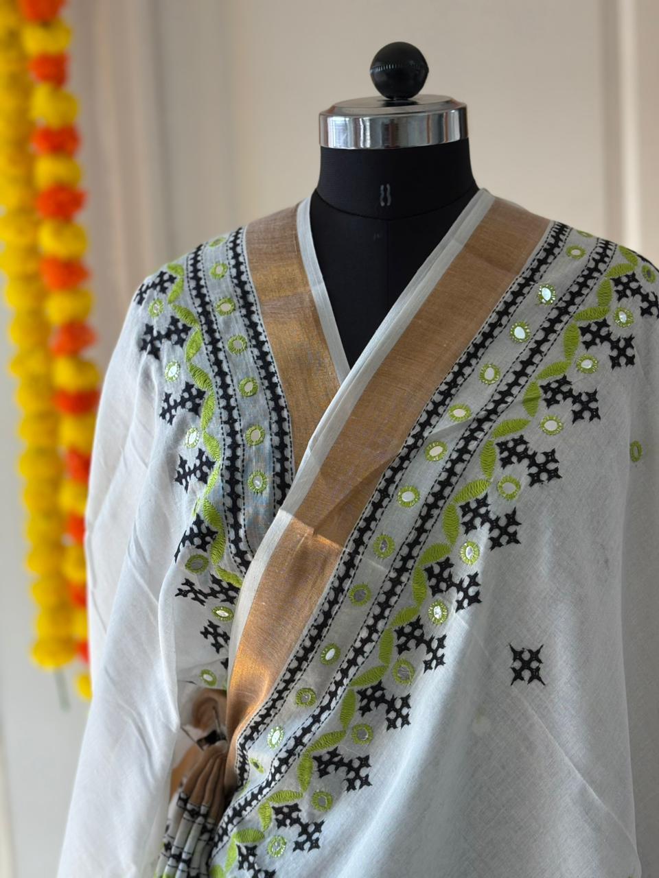 Gujrati Stitch/Kutch Hand Embroidered South Cotton Saree