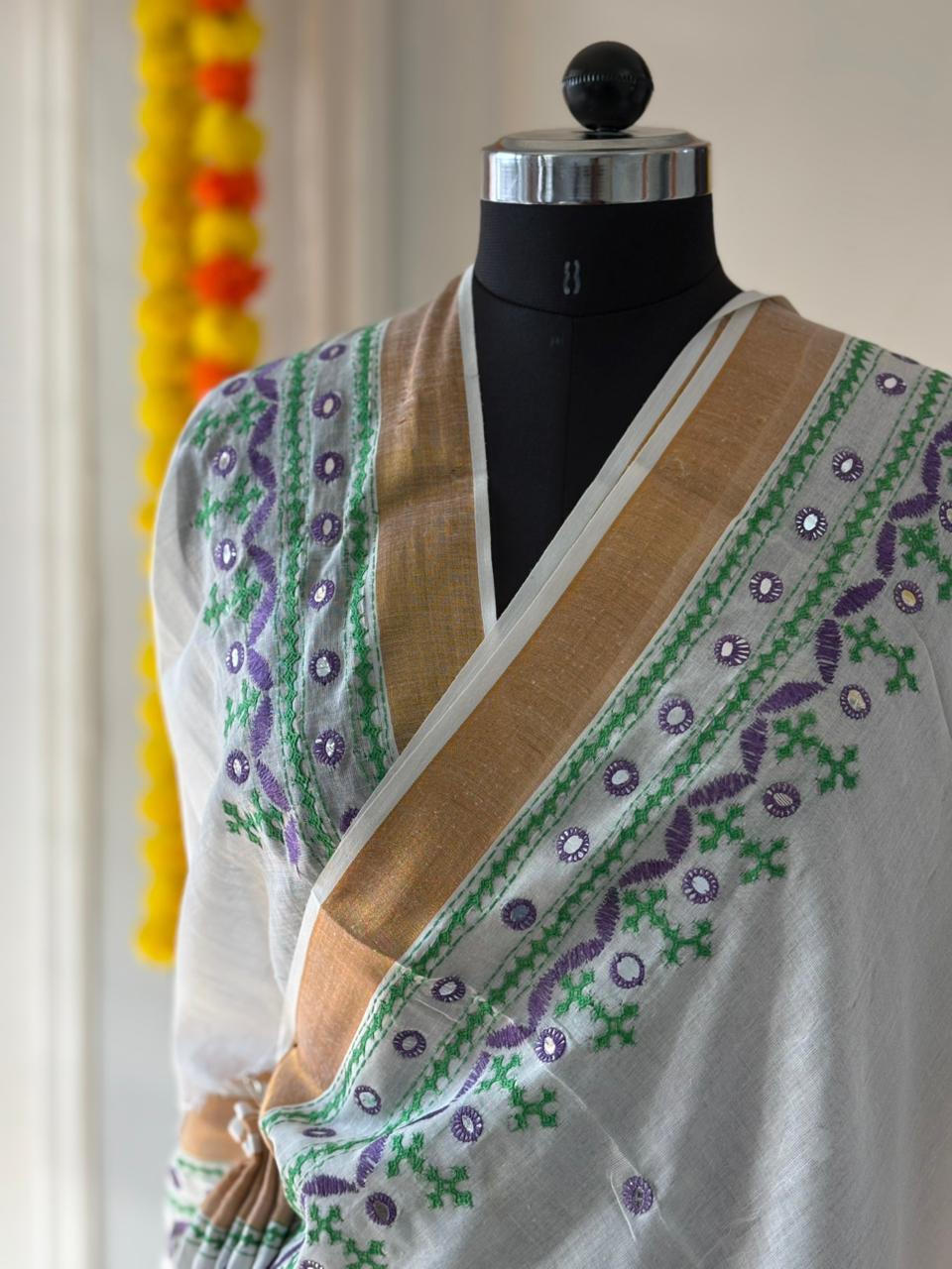 Gujrati Stitch/Kutch Hand Embroidered South Cotton Saree