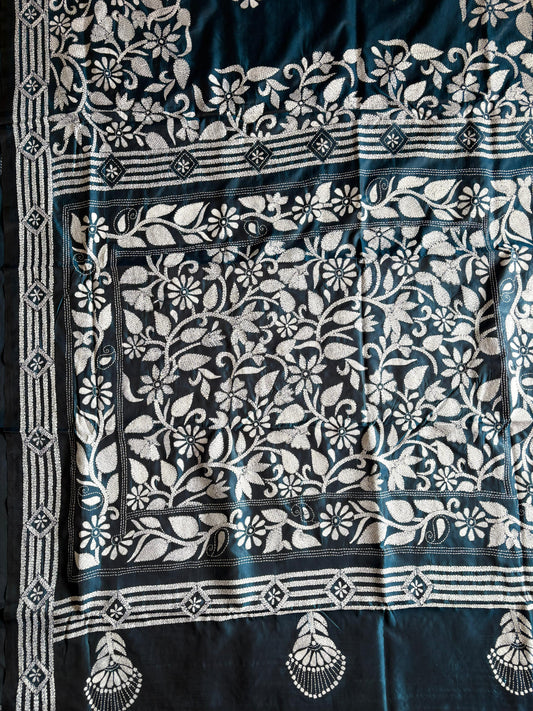 Kantha Hand Embroidered Blended Banglore Silk/Art Silk Saree With Blouse