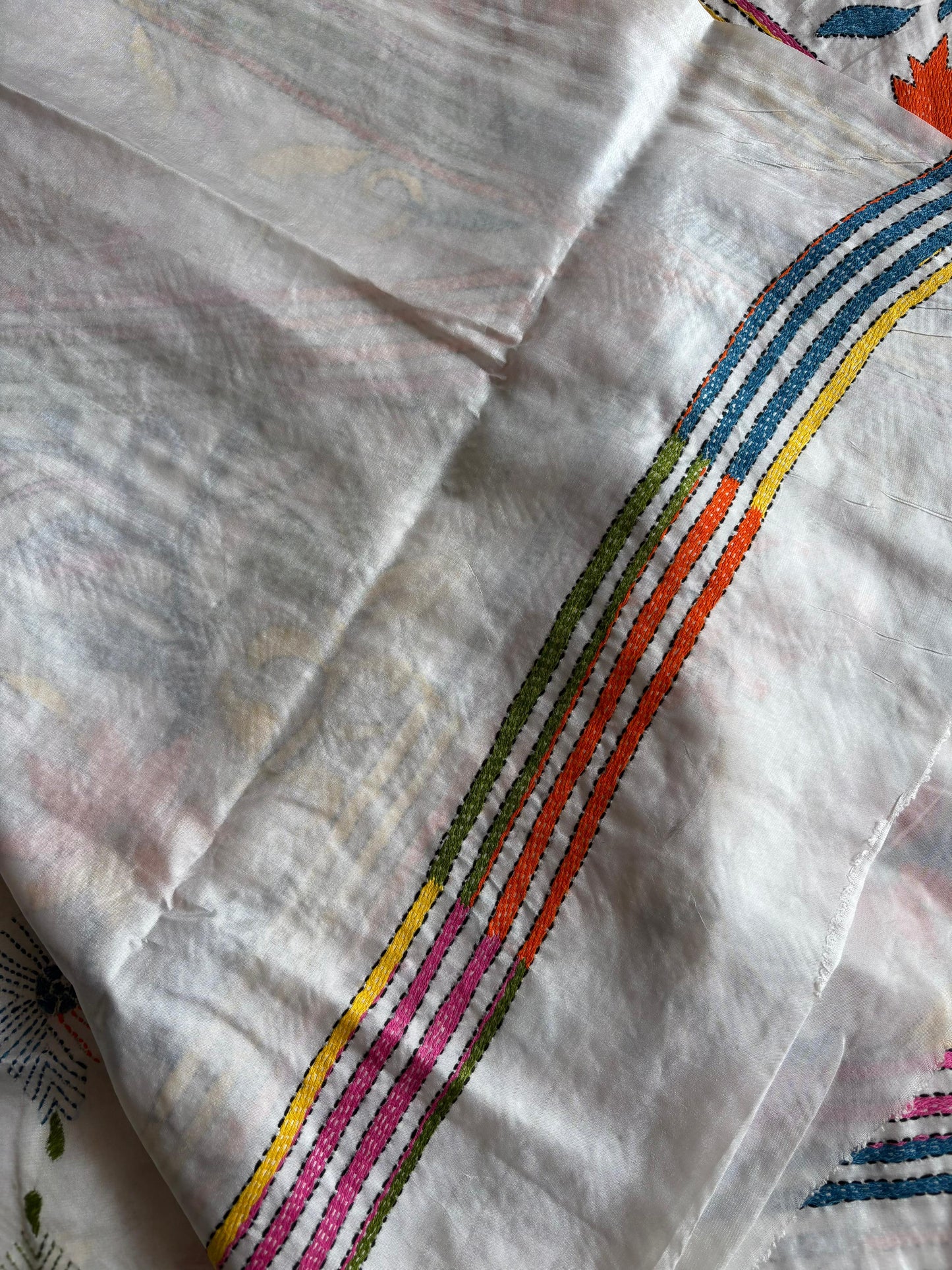 Kantha Hand Embroidered Blended Banglore Silk/Art Silk Saree With Blouse