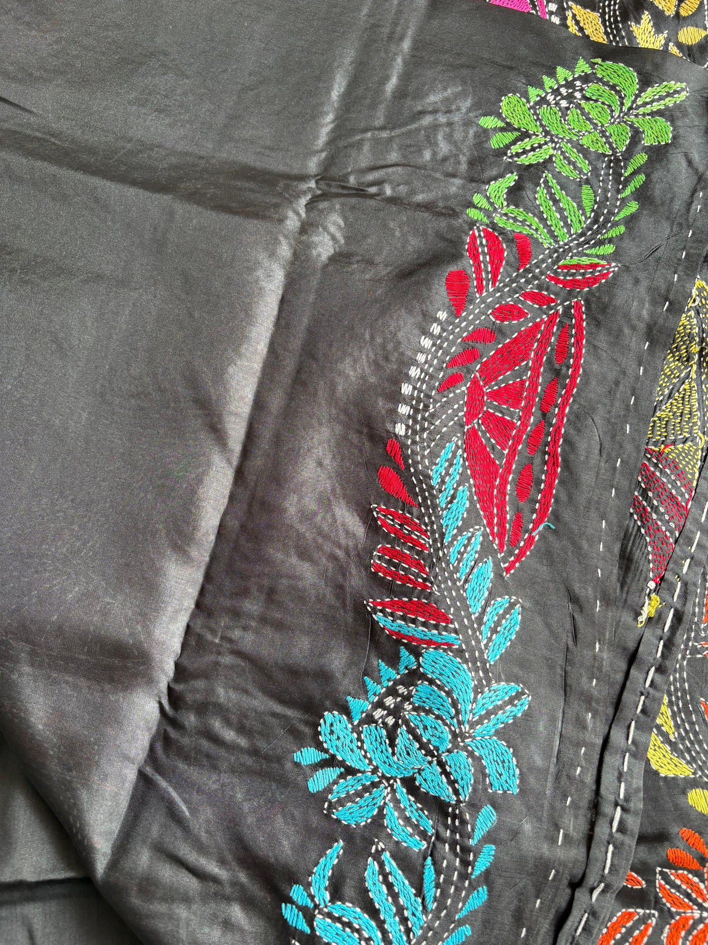 Kantha Hand Embroidered Blended Banglore Silk/Art Silk Saree With Blouse